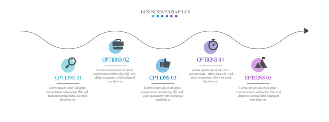 Progress bar featuring 5 arrow-shaped elements, symbolizing the five stages of business strategy and progression. Clean timeline infographic design template. Vector for mobile presentation.