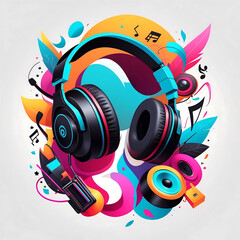 Fototapeta premium Headphones with music notes and colorful accents