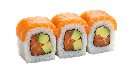 Close up of three pieces of salmon sushi rolls with avocado on a black background in a studio shot on transparent background