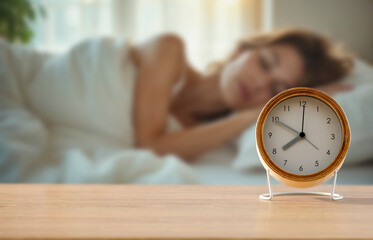 Alarm clock on bedside table with sleeping woman in cozy bedroom bathed in natural morning light – morning routine and fresh start of the day. Copy space for product.