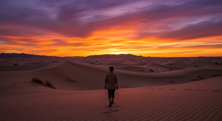 Fototapeta premium Person walks through a desert landscape at sunset isolated on white background.