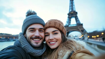 A young Caucasian couple smiles for a selfie in front of the Eiffel Tower. They wear winter hats and scarves, with a cloudy sky in the background.