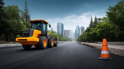 Construction Scene with Heavy Machinery and Traffic Cones on Road