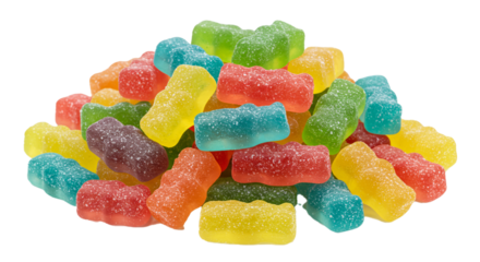 A colorful pile of sour patch kids candy in various colors on a black isolated background close up view on transparent background