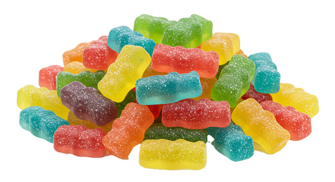 A colorful pile of sour patch kids candy in various colors on a black isolated background close up view on transparent background