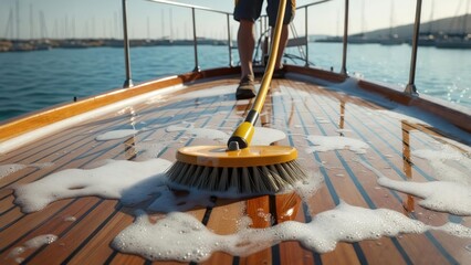 Person cleaning a boat deck