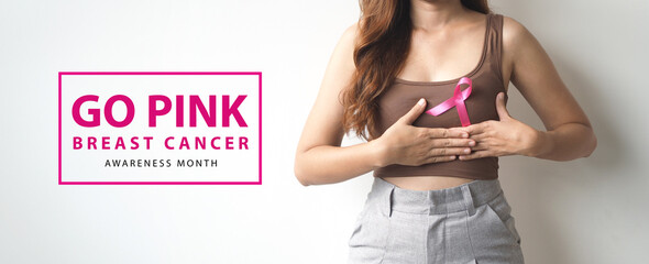 Pink breast cancer awareness ribbon. October Breast cancer awareness month. Healthcare and medicine concept. 