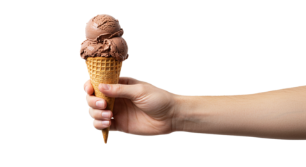 A hand holds a chocolate ice cream cone with two scoops against a black background in a studio shot on transparent background