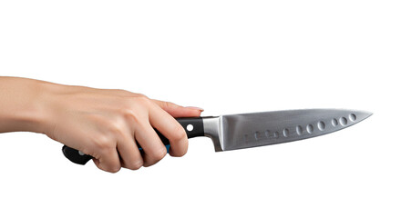 A hand holding a large silver kitchen knife with a black handle against a black background space on transparent background