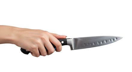 A hand holding a large silver kitchen knife with a black handle against a black background space on transparent background