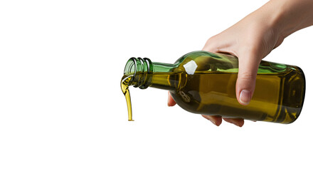 Hand pouring olive oil from a green glass bottle with a stream of oil against black background on transparent background
