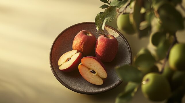 Fresh red apples sliced on a plate with green apples nearby  