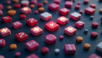 Collection of glowing medical icons on cubes and pills