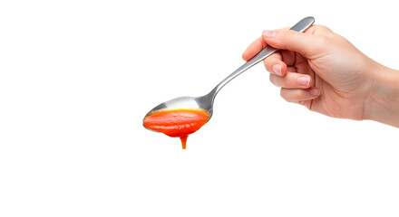 A hand holding a spoon with orange sauce dripping on a black background in a studio shot image on transparent background