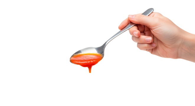 A hand holding a spoon with orange sauce dripping on a black background in a studio shot image on transparent background - Powered by Adobe