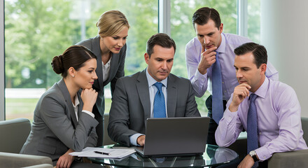 Diverse business team collaborating on a laptop in a modern office setting