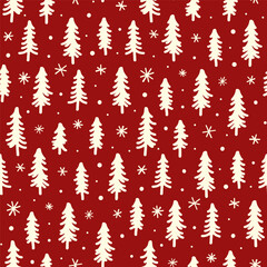 Small white Christmas trees and snowflakes isolated on red background. Seamless pattern. Vector simple flat graphic hand drawn illustration. Texture.