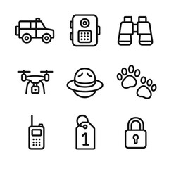 Anti-Poaching Icon Set. Outline icon set of anti-poaching efforts: ranger patrol vehicle, camera trap, binoculars, drone, ranger