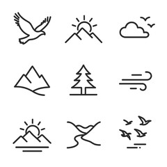 Obraz premium Birds Over Mountains. Outline icon set of bird soaring over peaks: bird silhouette with outstretched wings, mountain peak outline,