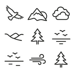 Fototapeta premium Birds Over Mountains. Outline icon set of bird soaring over peaks: bird silhouette with outstretched wings, mountain peak outline,