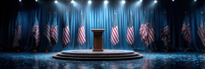Podium stands ready for speakers at a political event filled with American flags and bright stage lights