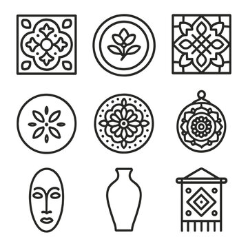 Cultural Icon Set. Outline icon set of cultural motif decor: Mediterranean tile plate, Japanese porcelain plate, Moroccan pattern