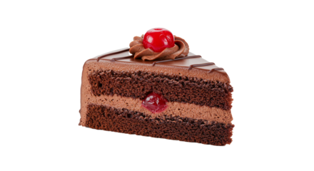 A slice of black forest cake with chocolate frosting and a cherry on top isolated on black background on transparent background