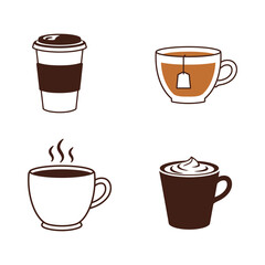 Four different types of hot drinks coffee tea latte and cappuccino
