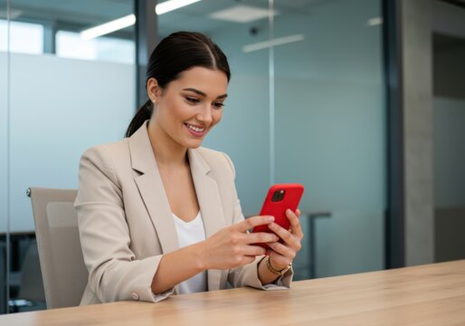 Smiling young professional woman engaged with her smartphone while sitting at a modern office desk - Powered by Adobe