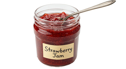 A jar of strawberry jam with a spoon resting inside on a plain background in a close up shot on transparent background