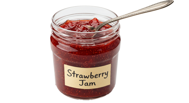 A jar of strawberry jam with a spoon resting inside on a plain background in a close up shot on transparent background