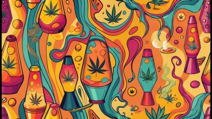 Fototapeta premium Psychedelic lava lamps and cannabis leaves