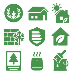 Eco Building Icons. Solid, filled icons set of green building certifications and features: LEED logo, green
