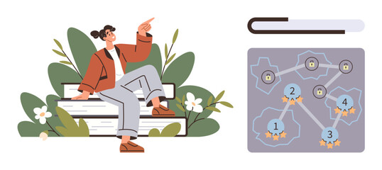 Woman sitting on books pointing ahead beside a goal progress board with numbered levels and locks. Ideal for education, strategy, achievement, planning, growth, milestones, simple flat metaphor