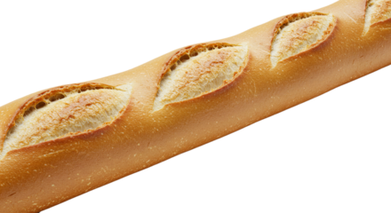 A close up shot of a golden brown baguette with decorative cuts on a black background showing detail on transparent background