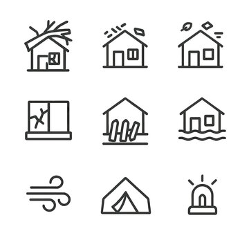 Hurricane Destruction Icons. Outline icon set of hurricane-destroyed structures: uprooted tree on roof, broken shingles, flying