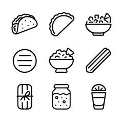 Fototapeta premium Latin Icon Grid. Outline icon set of Latin American specialties: taco, empanada, ceviche, arepa, guacamole bowl, churro, tamale,