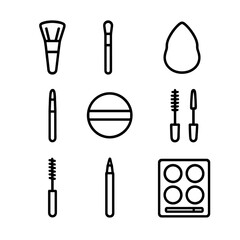 Makeup Tools Icons. Outline icon set of makeup tools and brushes: foundation brush, eyeshadow brush, blending sponge, lip brush,