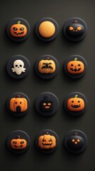Colorful Halloween themed cookie decorations on a dark background showcasing various designs and expressions