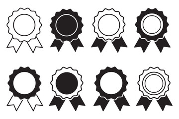 Badge icon set. Award Ribbon Icon Collection. Badges for Certificates and Achievements A minimalist set of 8 award ribbon icons in silhouette and line style, featuring various circular. Award vector.