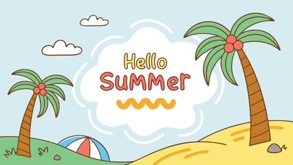 Colorful and Cheerful Summer Illustration with Palm Trees, Beach, and a Whimsical "Hello Summer" Message against a Cloudy Sky