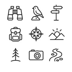 Nature Expedition Icons. Outline icon set of nature expedition scene: binoculars outline, bird perched on rock, mountain trail