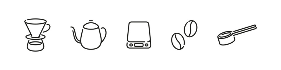Filter coffee, alternative brewing methods set of linear icons.
Manual brewing tools outline icon collection.