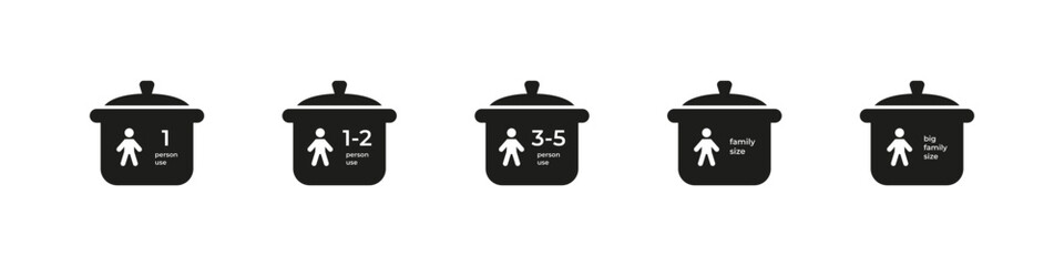 Cooking pans, kitchen cookware set of filled icons.
Meal preparation silhouette icon collection.