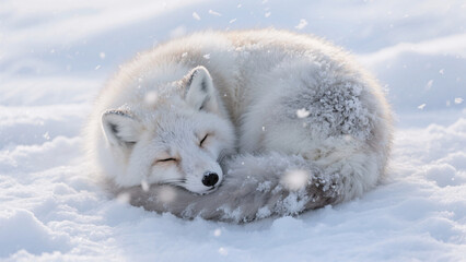 Naklejka premium Close-up of an arctic fox sleeping peacefully on soft snow. A perfect depiction of winter calm and wildlife beauty.