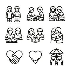Sibling Support Icons. Outline icon set of sibling support: two children holding hands, shared toy car, building blocks together,