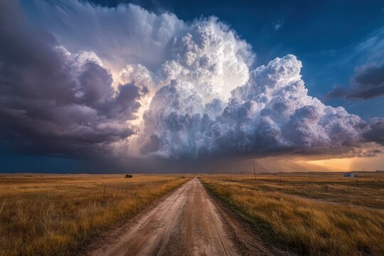 Distant powerful storm cloud looms over a rural road in Texas during evening sunlight, dramatic landscape near houses, field with grass