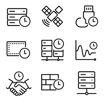 Synchronization Icon Set. Outline icon set of synchronization and time distribution: NTP server, GPS satellite, network cable,