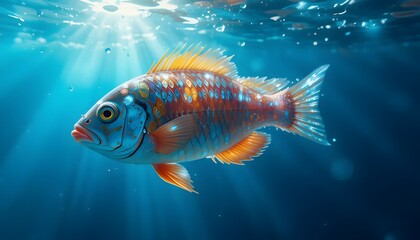 Close-up of a colorful sea fish suspended in clear blue water
