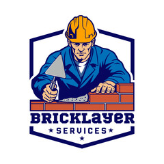Bricklayer Services Emblem &ndash; Mason Worker with Trowel & Brick Wall Design